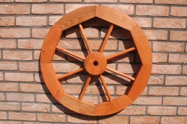 Dekoratives Wagenrad 70 cm rustikal aus Holz mit Metallbeschlag, Western, Saloon, Kutschenrad, Holzrad, Dekorad, hellbraun