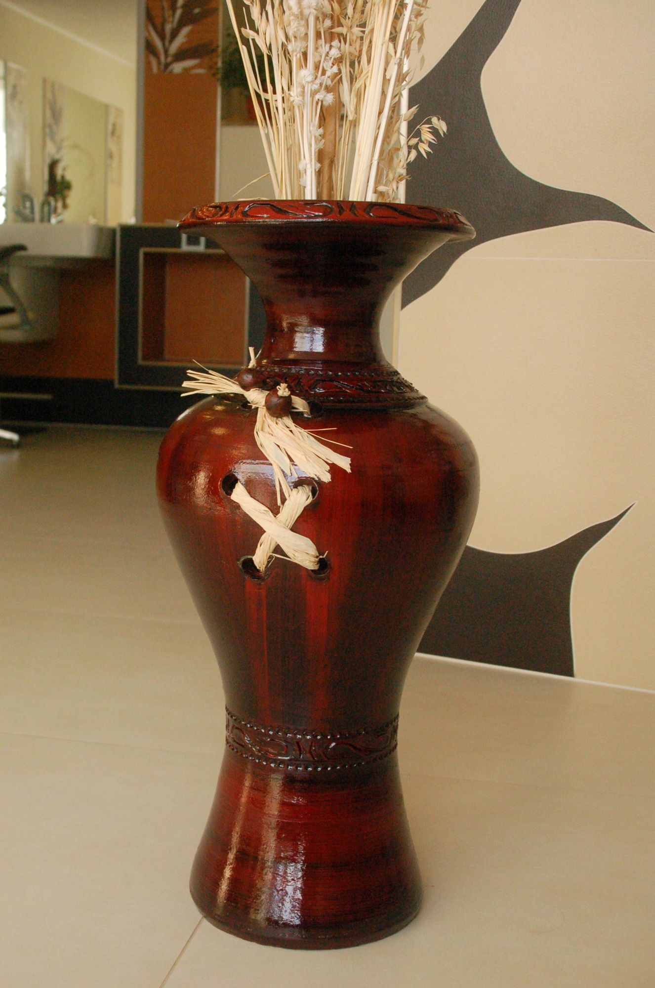 Edle Bodenvase, Amphore, Vase, bordeaux, 60 cm, Tonkeramik, aus Portugal