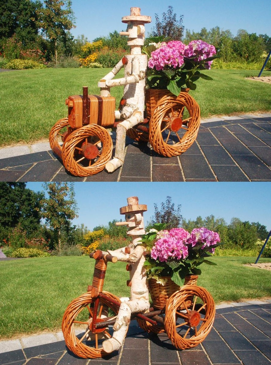 Pflanzkasten, Blumenkasten, Blumenkübel Traktor oder Dreirad mit Männchen aus Korbgeflecht, für den Garten