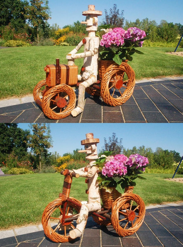 Pflanzkasten, Blumenkasten, Blumenkübel Traktor oder Dreirad mit Männchen aus Korbgeflecht, für den Garten