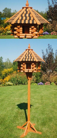 Vogelhaus XXL, Futterhaus 65 x 50 cm imprägniert, Holzschindeldach in braun-schwarz, mit oder ohne Vogelhausständer, V15XXL - Ansicht 2